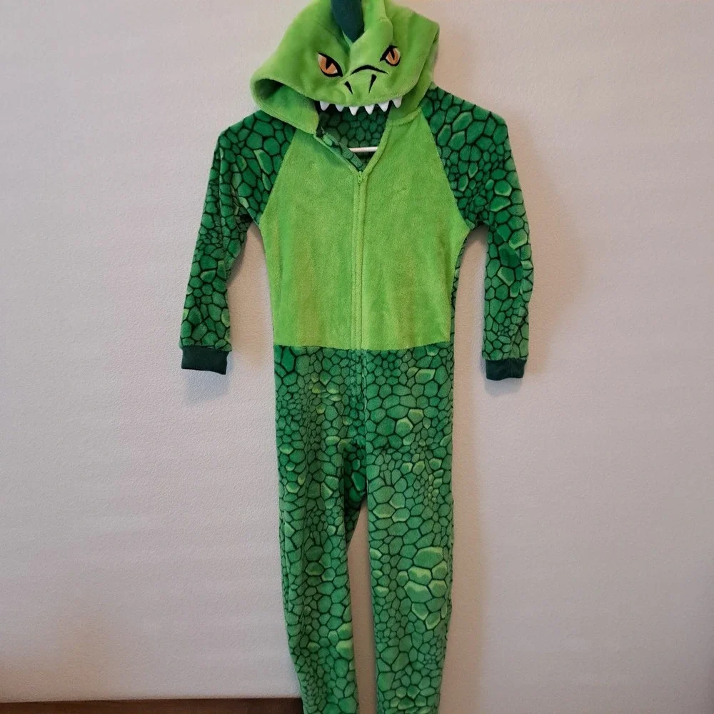 Saint Eve Kids Green Dinosaur Hooded Fleece Union Suit Pajamas Sleeper